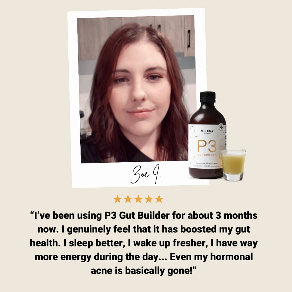 Zoe's gut and skin transformation in 3 months with P3 Gut Builder.