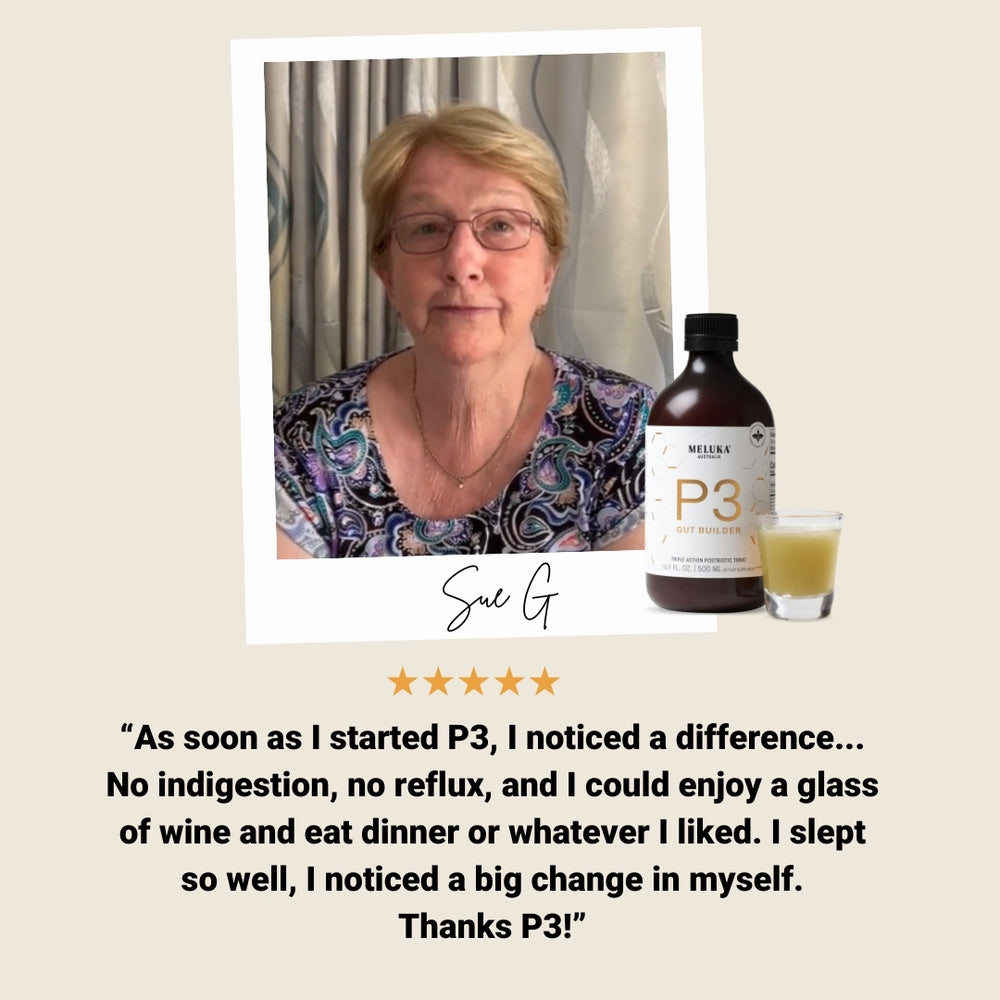 Sue noticed no more indigestion or reflux after she started taking P3 Gut Builder.